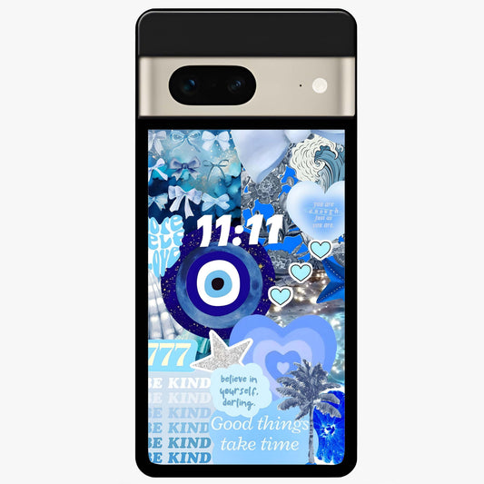 Aesthetic Be Kind Eye Glass Case showing flat back view with motivational eye artwork and glossy glass finish.