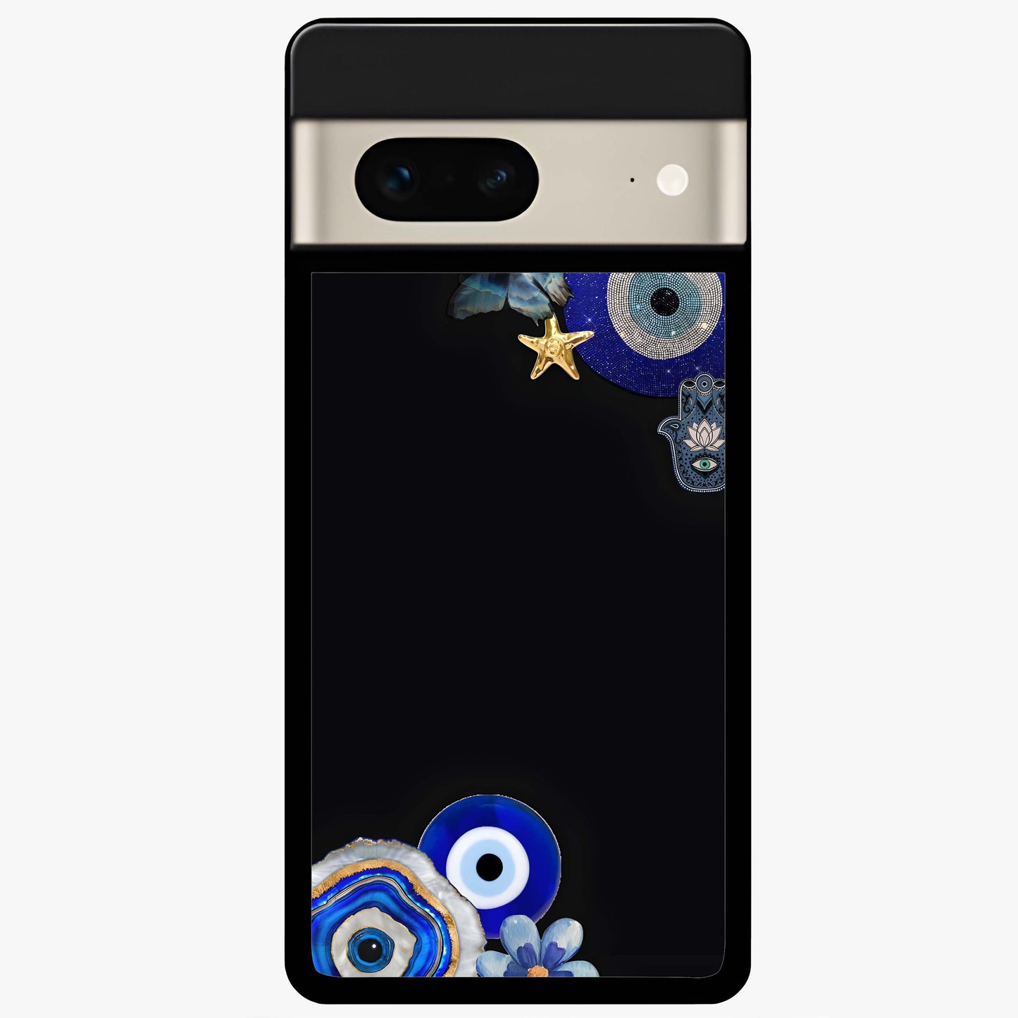 Aesthetic Blue Evil Eye Glass Case showing flat back view with protective evil eye artwork and glossy glass finish.