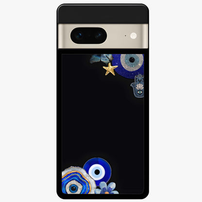 Aesthetic Blue Evil Eye Glass Case showing flat back view with protective evil eye artwork and glossy glass finish.