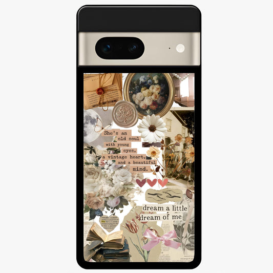 Aesthetic Brown Vintage Collage Glass Case showing flat back view with retro collage artwork and glossy glass finish.