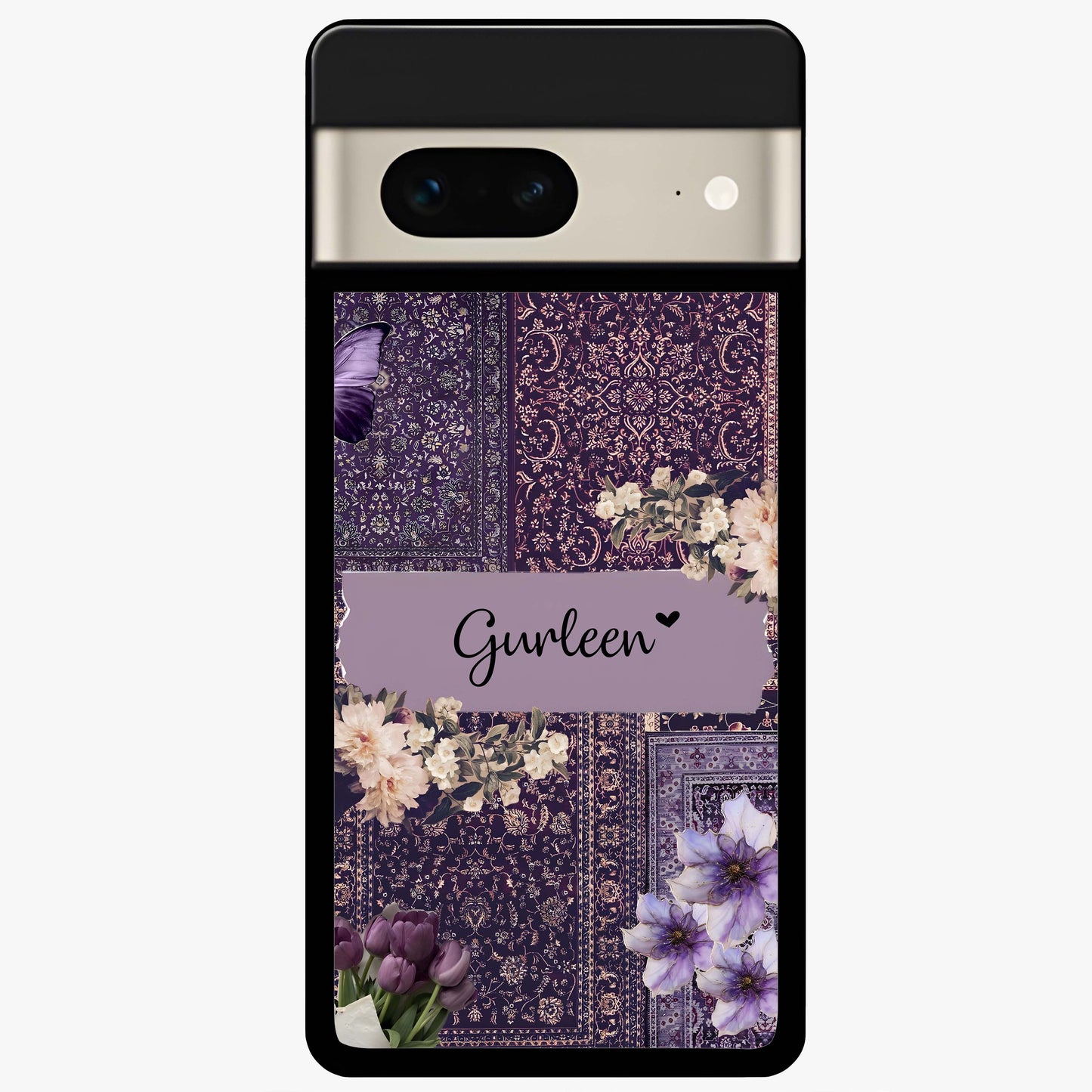 Antique Floral Whisper Custom Name Glass Case showing flat back view with vintage floral artwork and personalized name design.