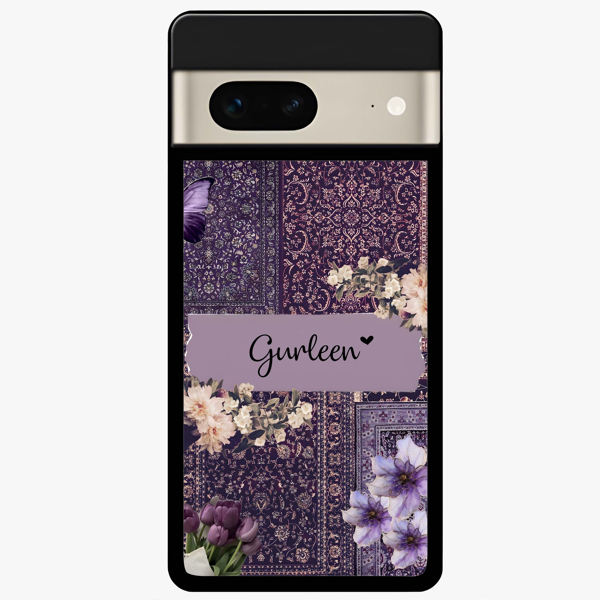 Antique Floral Whisper Custom Name Glass Case showing flat back view with vintage floral artwork and personalized name design.