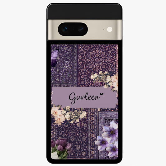 Antique Floral Whisper Custom Name Glass Case showing flat back view with vintage floral artwork and personalized name design.