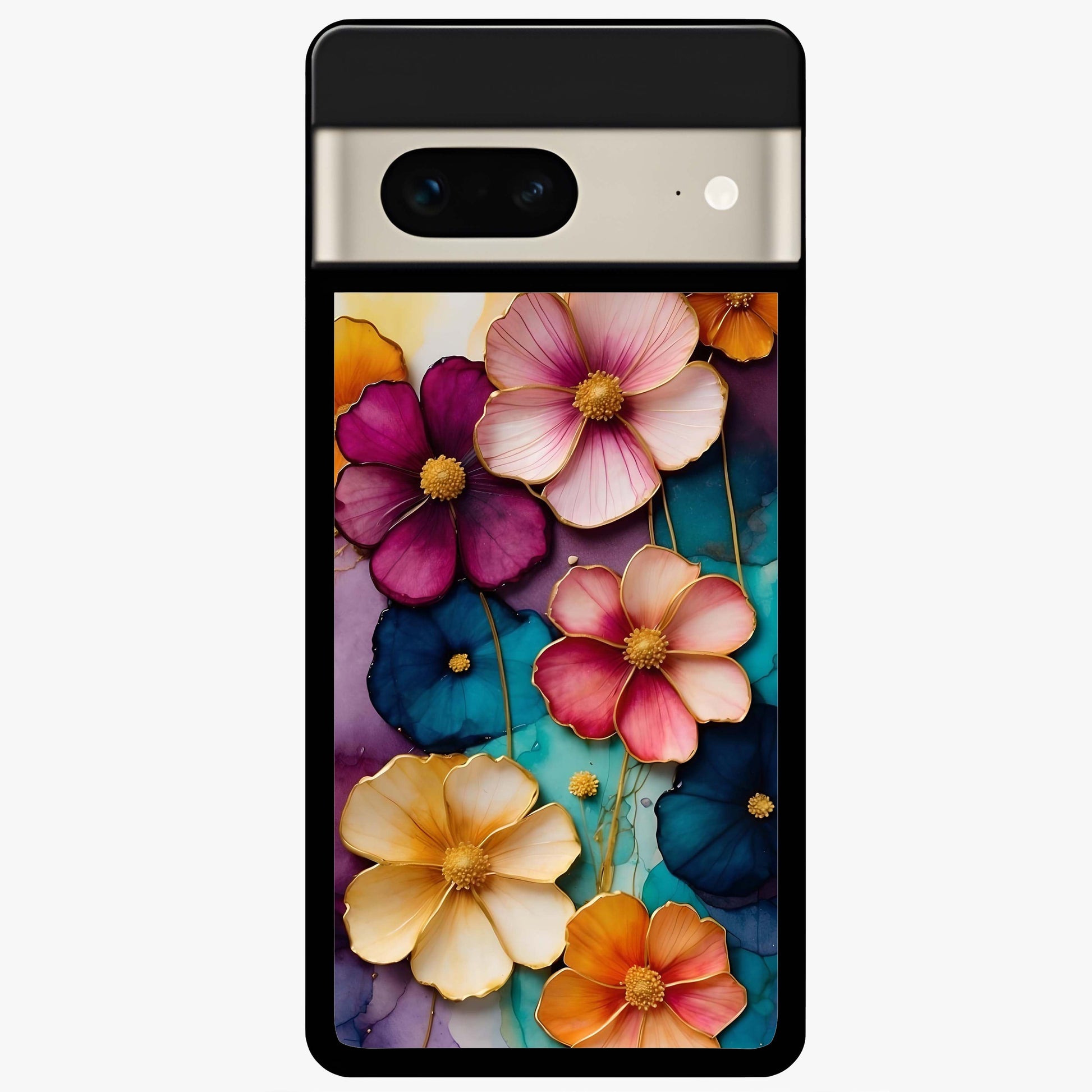Artlyn Grace Flower Pattern Glass Case showing flat back view with elegant floral pattern artwork and glossy glass finish.