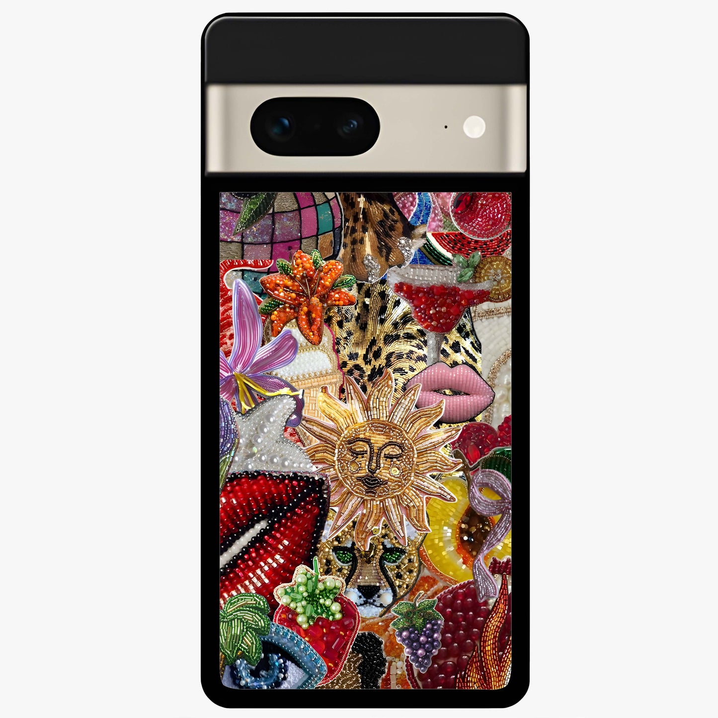 Beaded Fashion Jungle Glass Case showing flat back view with vibrant jungle inspired bead artwork and glossy glass finish.