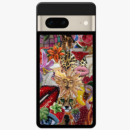 Beaded Fashion Jungle Glass Case showing flat back view with vibrant jungle inspired bead artwork and glossy glass finish.