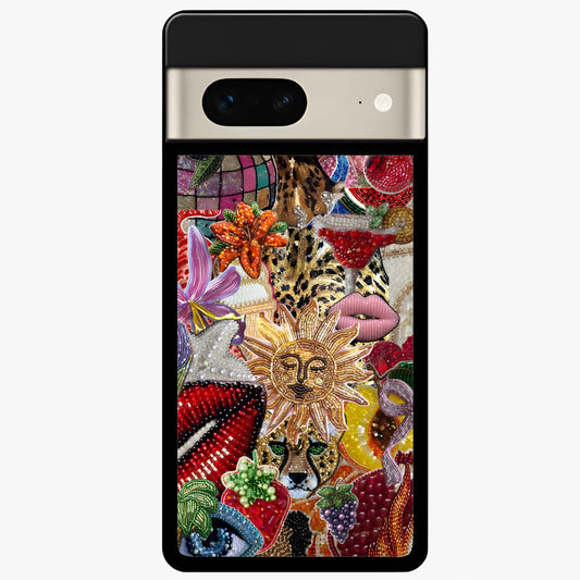 Beaded Fashion Jungle Glass Case showing flat back view with vibrant jungle inspired bead artwork and glossy glass finish.