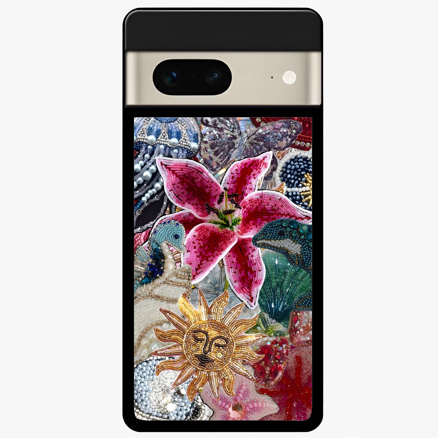Beaded Garden Fantasy Glass Case showing flat back view with dreamy garden bead artwork and glossy glass finish.