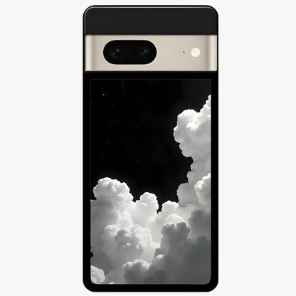 Black Background With White Cloud Glass Case showing flat back view with minimal cloud artwork on dark background and glossy glass finish.