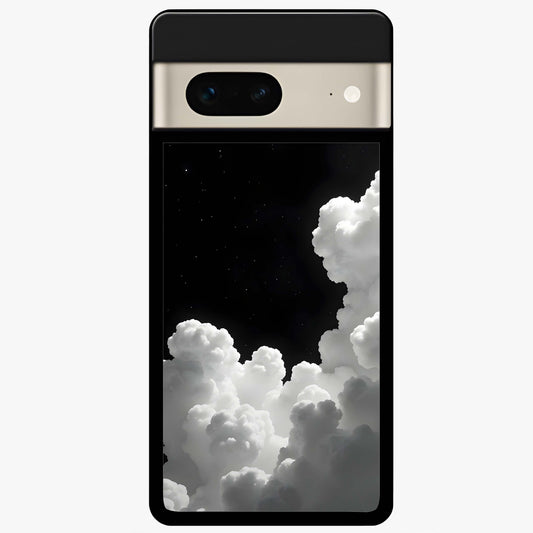 Black Background With White Cloud Glass Case showing flat back view with minimal cloud artwork on dark background and glossy glass finish.