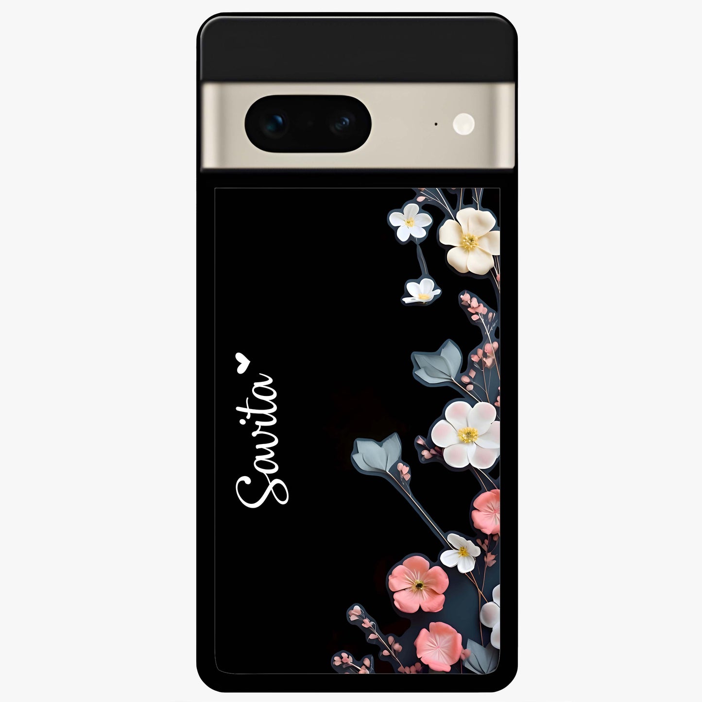 Black Elegance Floral Custom Name Glass Case showing flat back view with elegant floral artwork and personalized name design.
