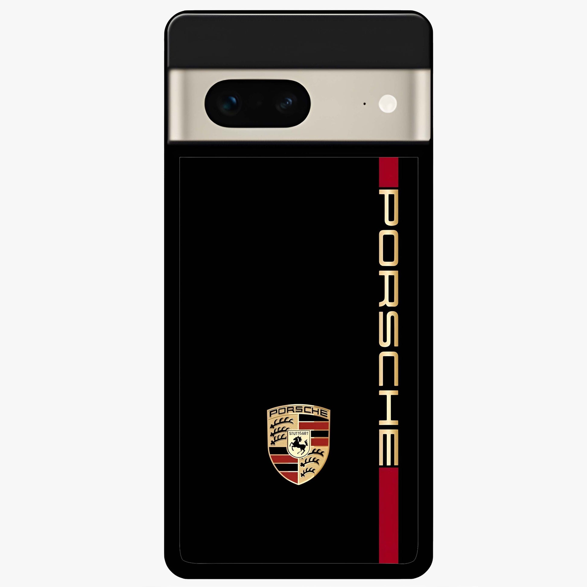 Black Minimal Porsche Glass Case showing flat back view with sleek minimal sports car artwork and glossy glass finish.
