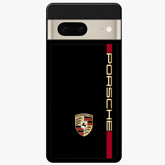 Black Minimal Porsche Glass Case showing flat back view with sleek minimal sports car artwork and glossy glass finish.