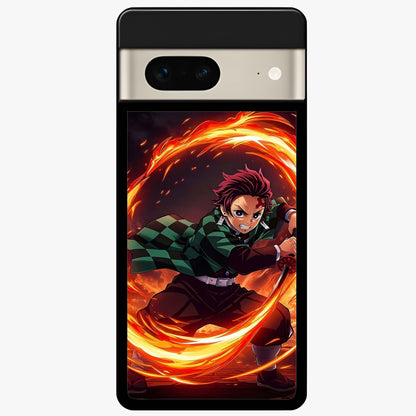 Blazing Sword Resolve Glass Case showing flat back view with fiery sword artwork and glossy glass finish.
