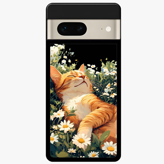Blissful Bloom Cat Glass Case showing flat back view with cute cat and floral bloom artwork and glossy glass finish.