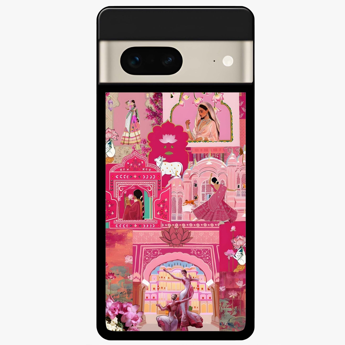 Blossoms of Rajasthan Glass Case showing flat back view with traditional floral artwork inspired by Rajasthan and glossy glass finish.