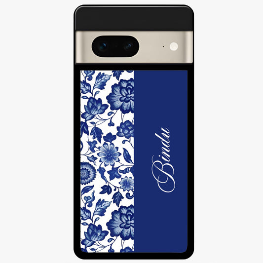 Blue Vintage Floral Pattern Glass Case upright view showcasing timeless floral illustration with vintage inspired style.