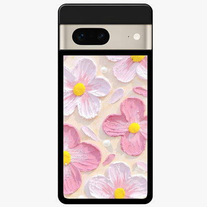 Blush Bloom Texture Glass Case showing flat back view with soft blush floral texture artwork and glossy glass finish.