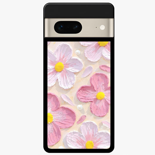 Blush Bloom Texture Glass Case showing flat back view with soft blush floral texture artwork and glossy glass finish.