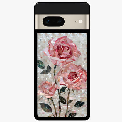 Blush Mosaic Bloom Glass Case showing flat back view with mosaic floral bloom artwork and glossy glass finish.