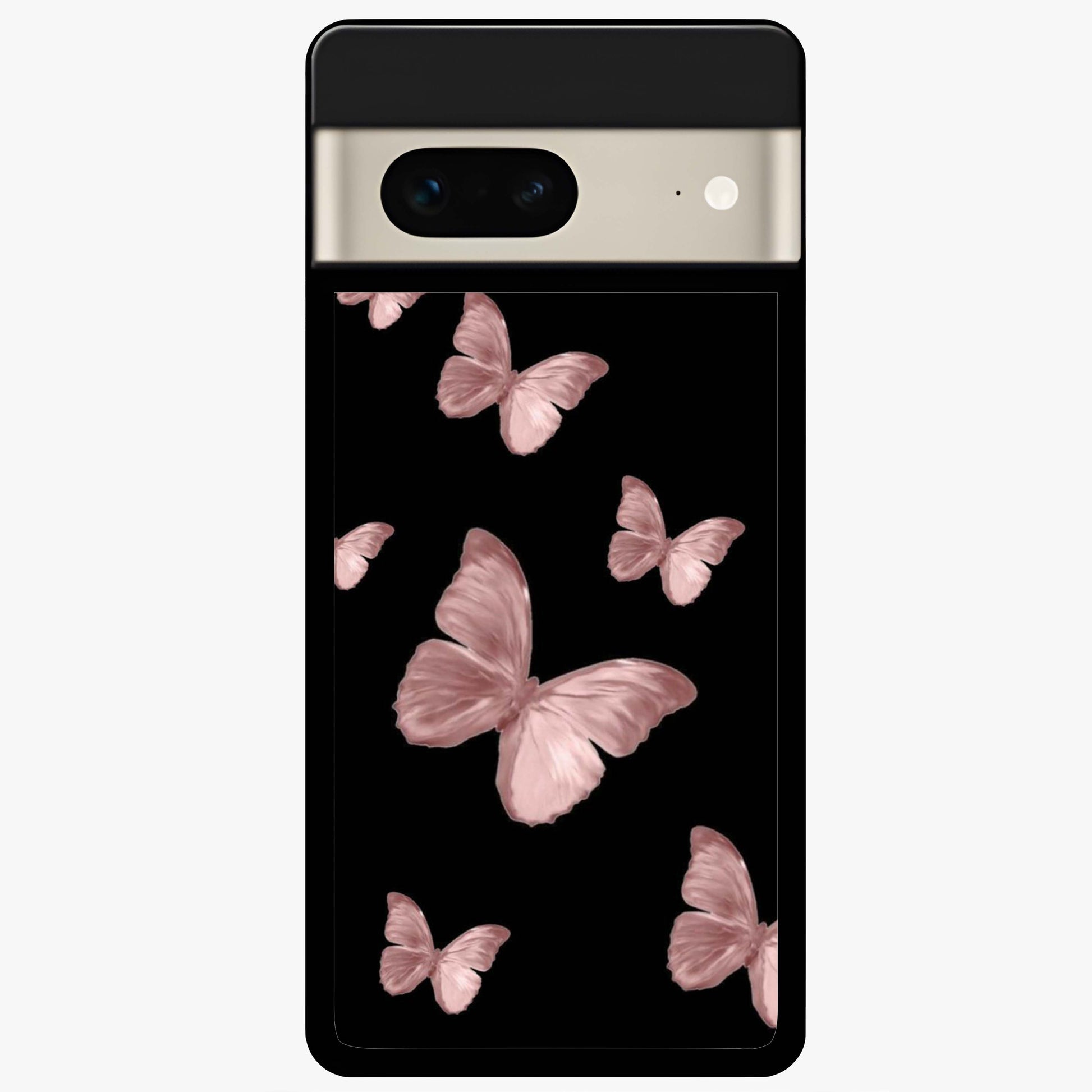 Butterfly Pattern Glass Case showing flat back view with elegant butterfly pattern artwork and glossy glass finish.