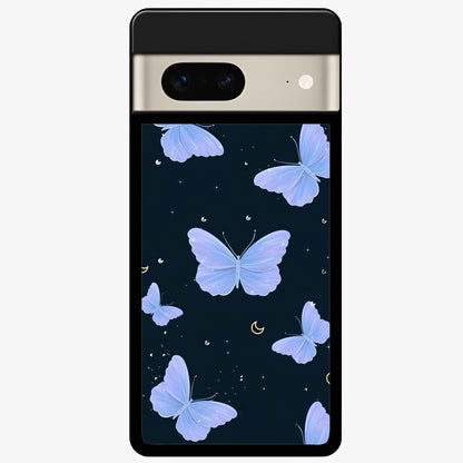 Butterfly With Stars Pattern Glass Case showing flat back view with butterfly and star pattern artwork and glossy glass finish.