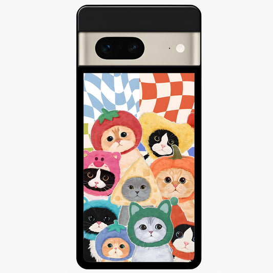Cats in Fruits Glass Case showing flat back view with playful cat illustrations inside fruit artwork and glossy glass finish.