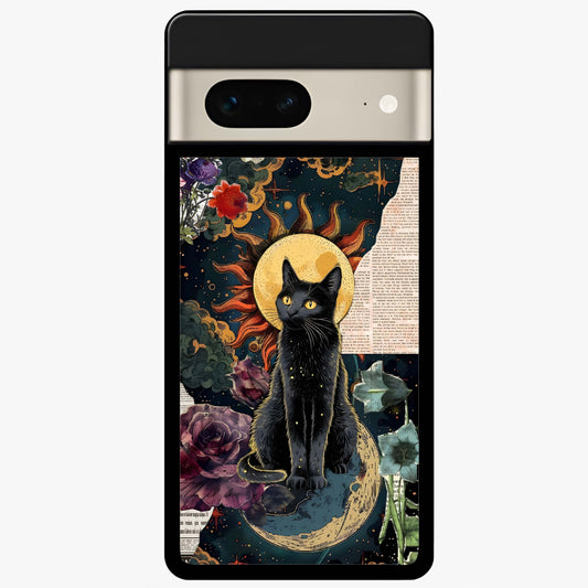 Celestial Black Cat Glass Case showing flat back view with mystical black cat artwork and glossy glass finish.