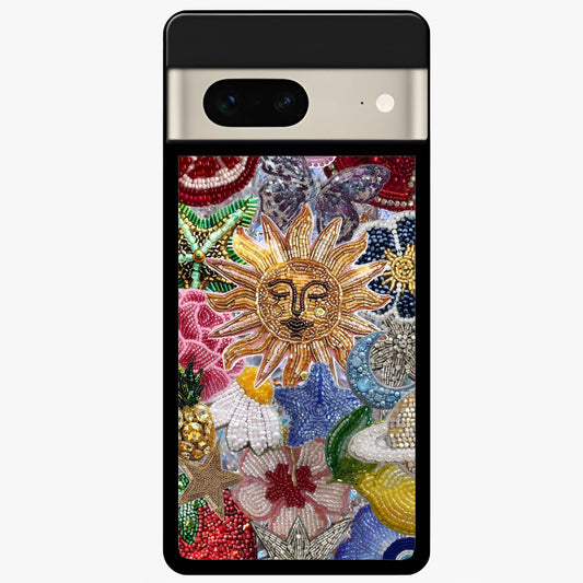 Celestial Floral and Playful Glass Case showing flat back view with floral and celestial themed artwork and glossy glass finish.