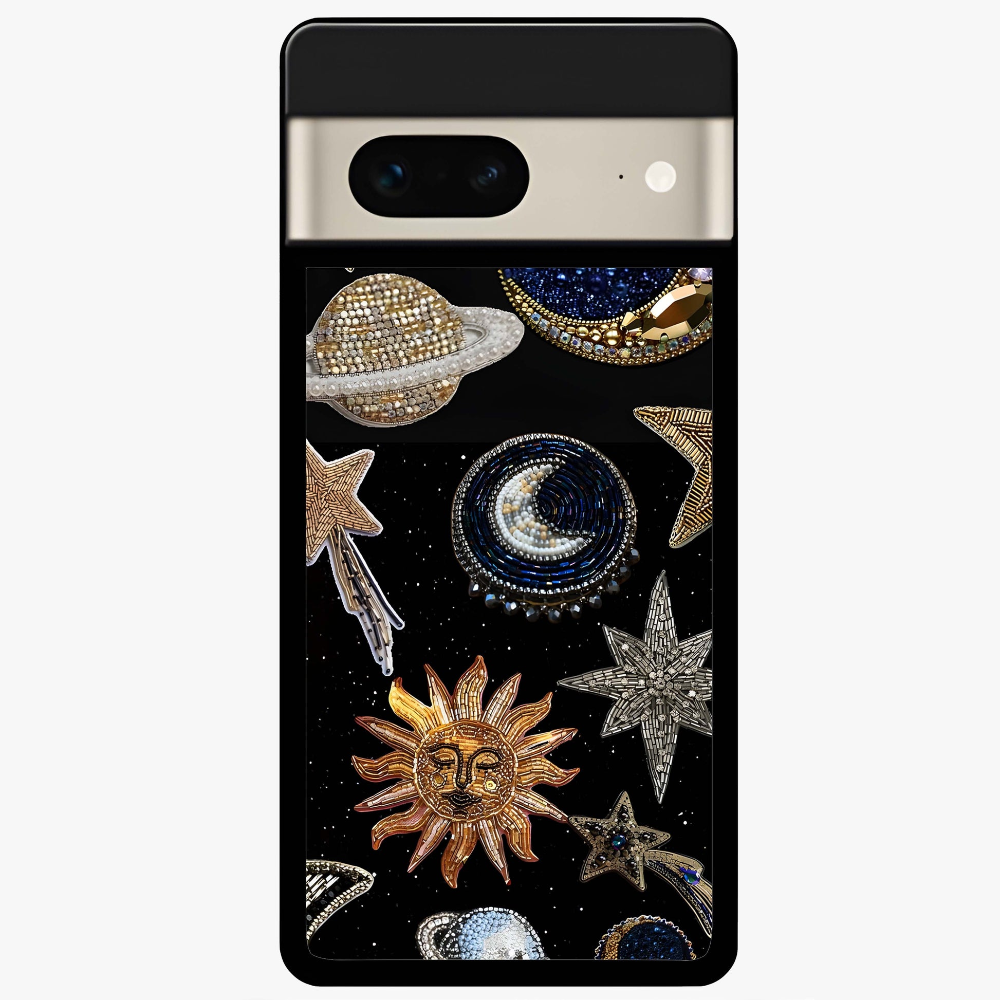 Celestial Gem Constellations Glass Case showing flat back view with sparkling constellation artwork and glossy glass finish.