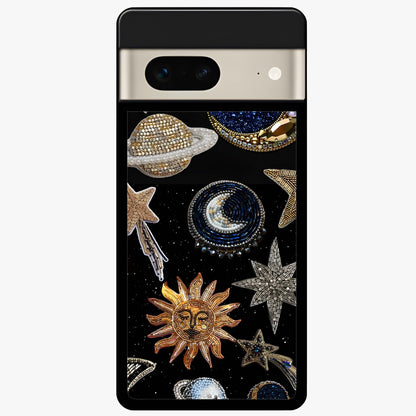 Celestial Gem Constellations Glass Case showing flat back view with sparkling constellation artwork and glossy glass finish.
