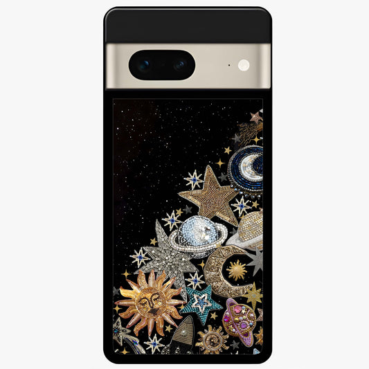 Cosmic Sparkle Dreams Glass Case showing flat back view with sparkling cosmic artwork and glossy glass finish.