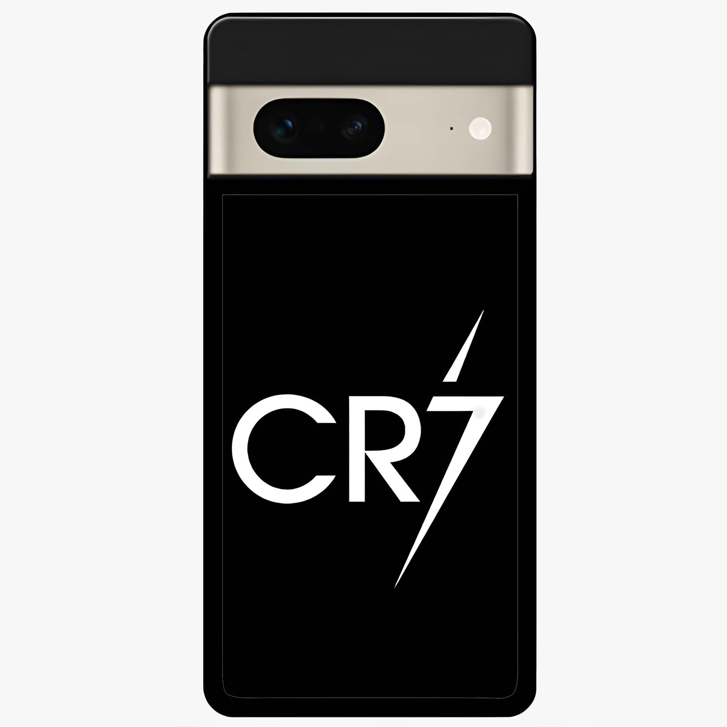 Cr7 Elite Strike Glass Case showing flat back view with dynamic football inspired artwork and glossy glass finish.