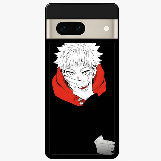 Crimson Chaos Smile Glass Case showing flat back view with bold chaotic smile artwork and glossy glass finish.
