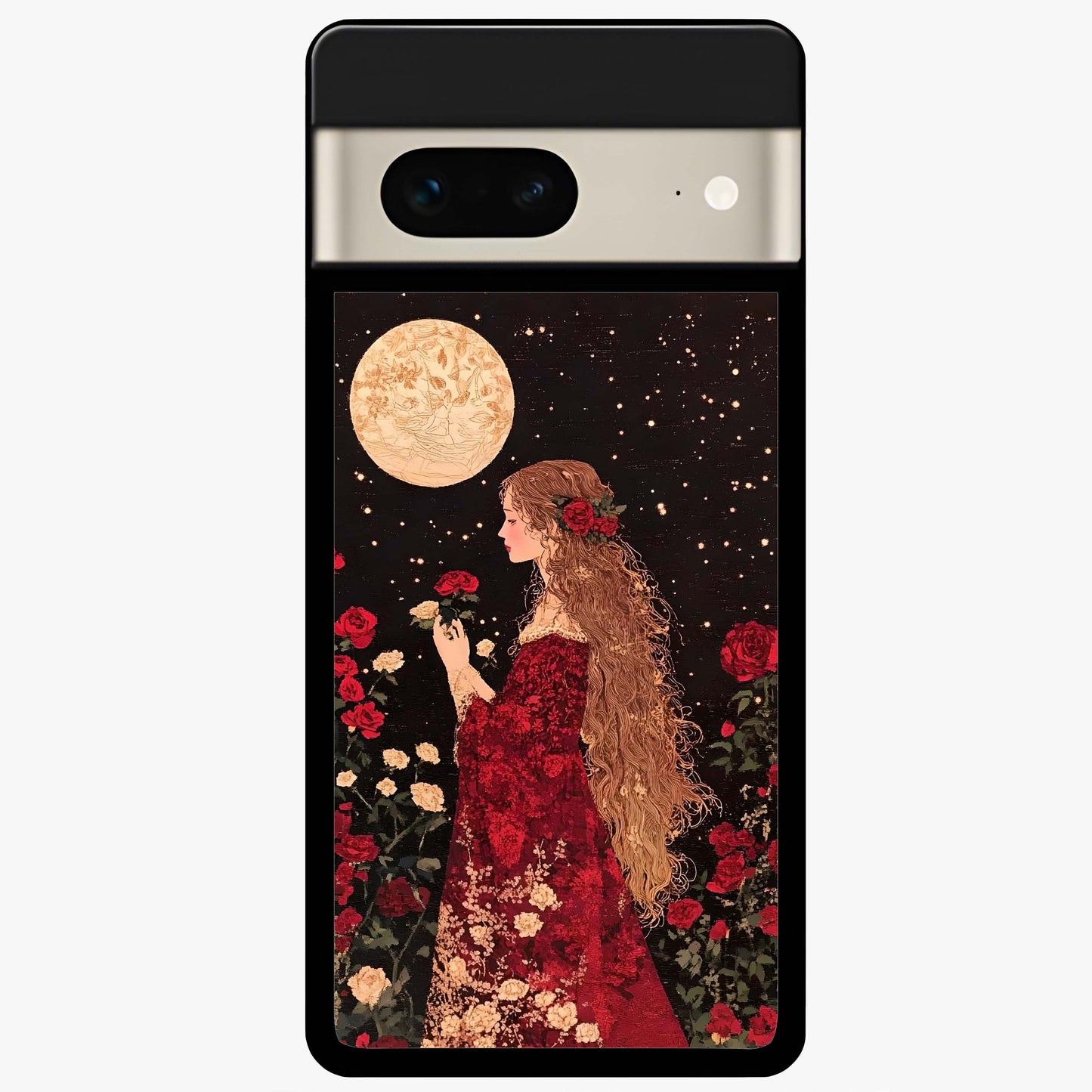 Crimson Dreams Glass Case showing flat back view with dreamy crimson artwork and glossy glass finish.