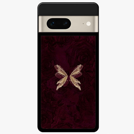 Crimson Fade Butterfly Glass Case showing flat back view with fading butterfly artwork and glossy glass finish.