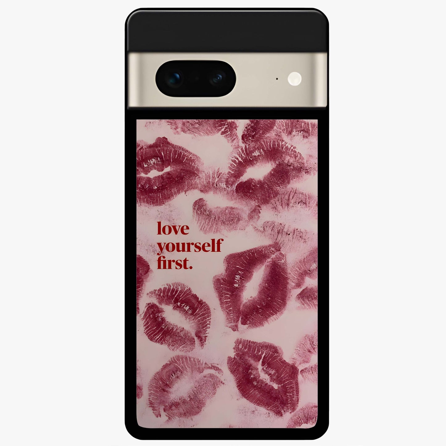 Crimson Kiss Love Glass Case showing flat back view with romantic crimson themed artwork and glossy glass finish.