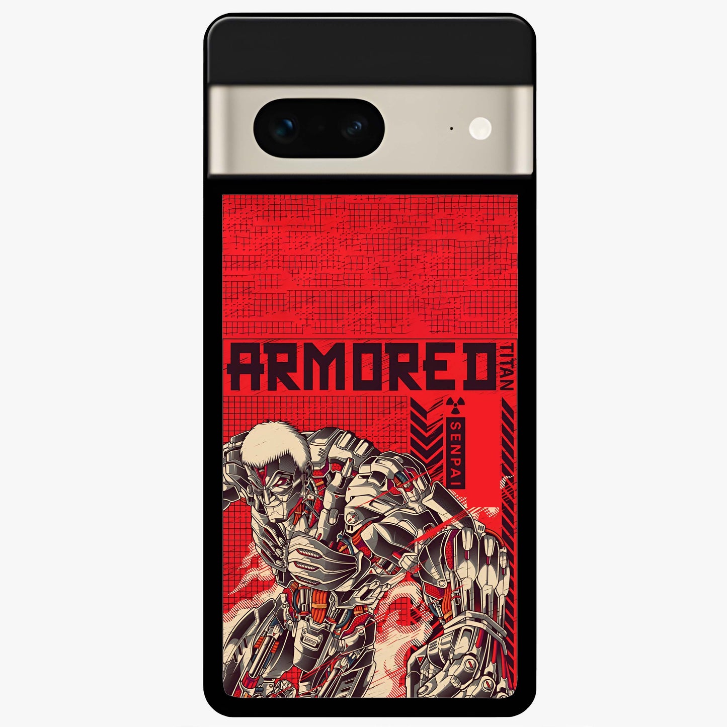 Crimson Mecha Titan Glass Case showing flat back view with powerful mech titan artwork and glossy glass finish.
