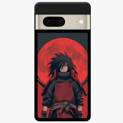Crimson Moon Warlord Glass Case showing flat back view with mystical moon warrior artwork and glossy glass finish.
