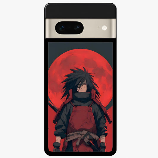 Crimson Moon Warlord Glass Case showing flat back view with mystical moon warrior artwork and glossy glass finish.
