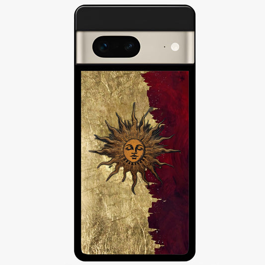 Crimson Sun Majesty Glass Case showing flat back view with radiant sun inspired artwork and glossy glass finish.