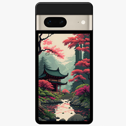 Crimson Temple View Glass Case showing flat back view with temple inspired artwork and glossy glass finish.