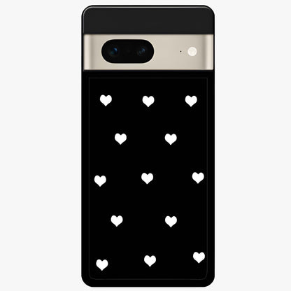 Cute And Simple White Hearts Glass Case showing flat back view with minimal white heart pattern and glossy glass finish.