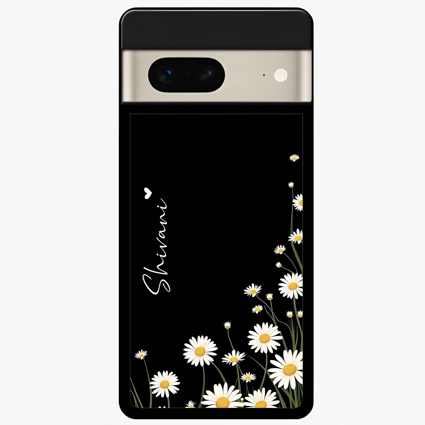 Daisy Cascade Custom Name Glass Case showing flat back view with cascading daisy flowers and personalized name design.