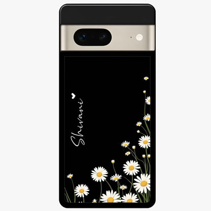 Daisy Cascade Custom Name Glass Case showing flat back view with cascading daisy flowers and personalized name design.