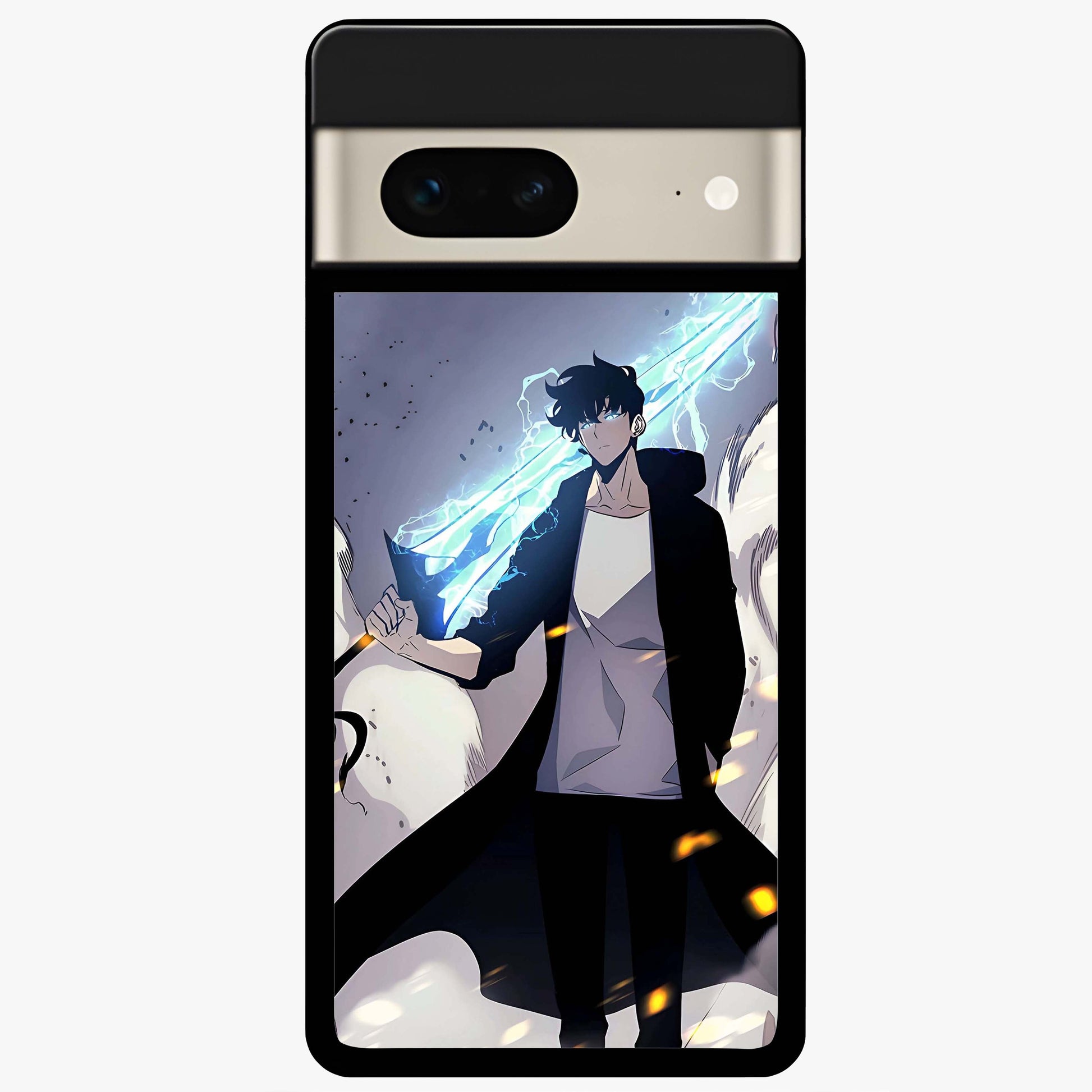 Dark Lightning Anime Warrior Glass Case showing flat back view with intense anime warrior artwork and glossy glass finish.
