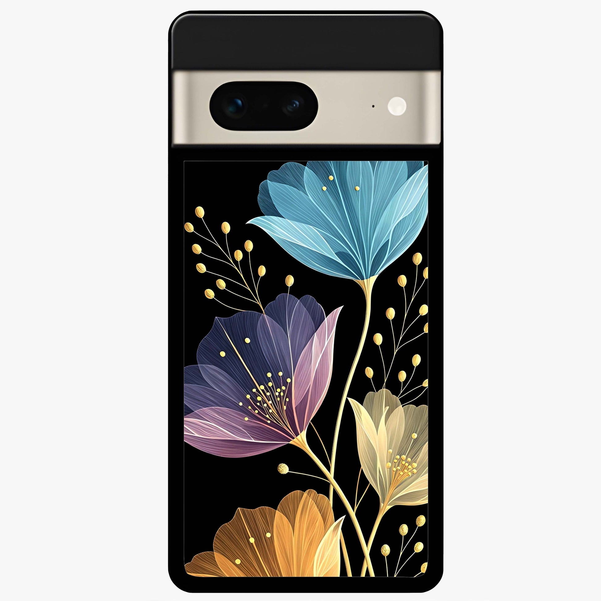 Delicate Multicolor Flowers Glass Case showing flat back view with vibrant floral artwork and glossy glass finish.