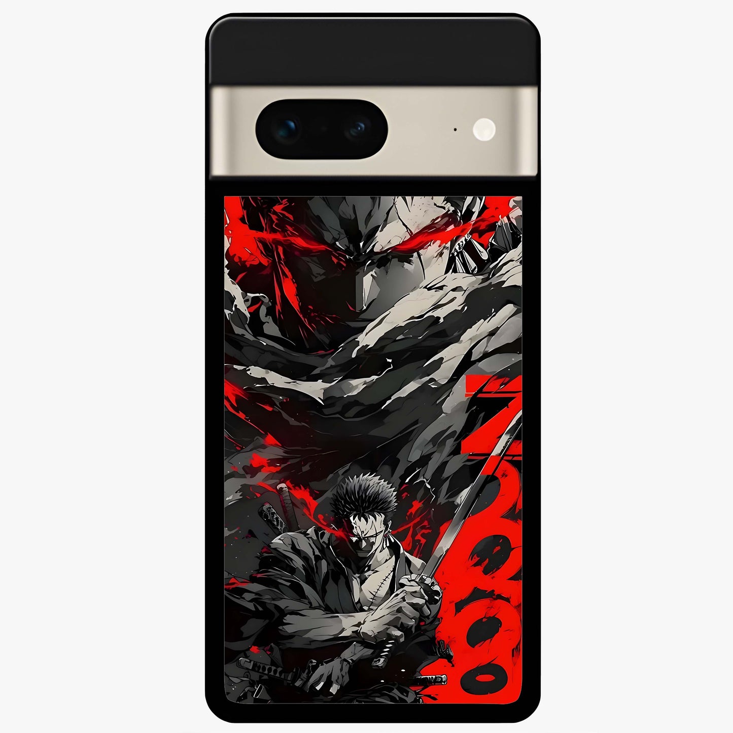 Demon Sword Resolve Glass Case showing flat back view with fierce sword warrior artwork and glossy glass finish.