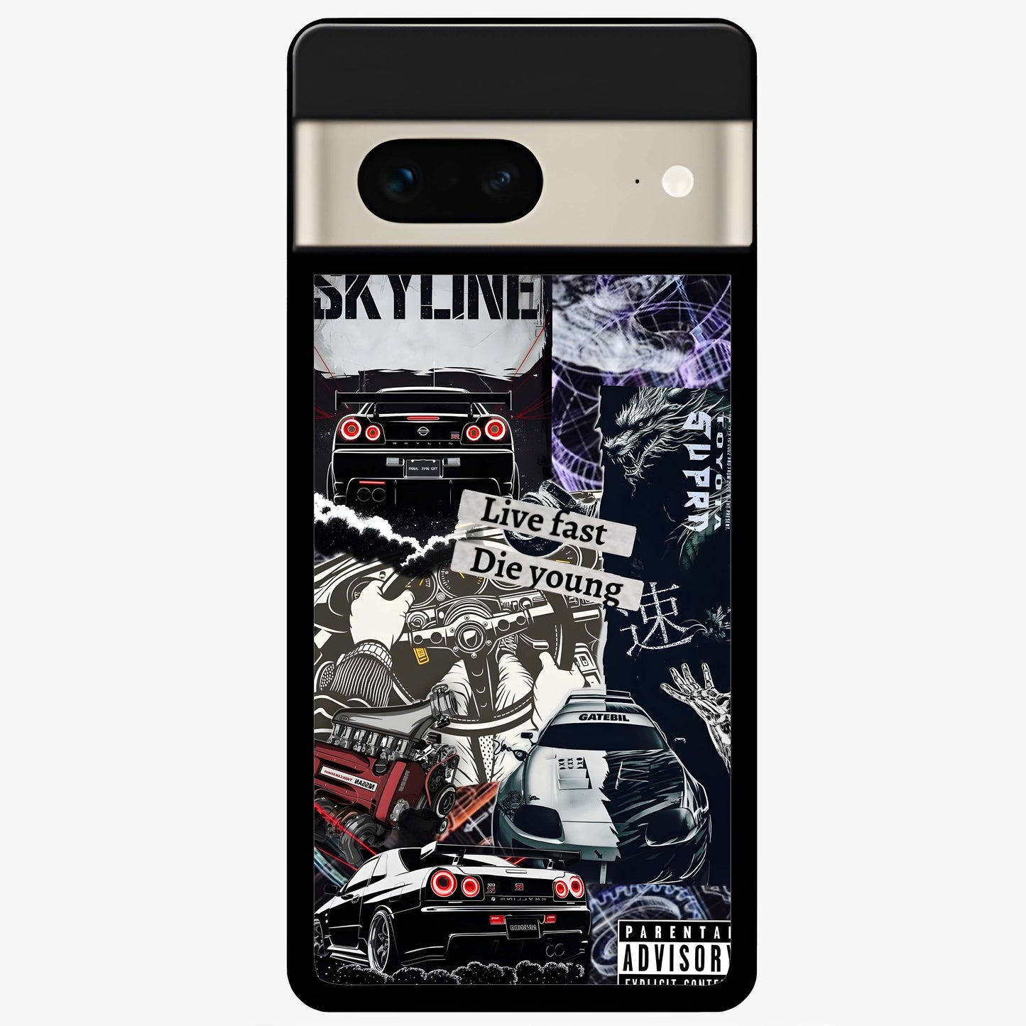 Die Young Glass Case showing flat back view with bold artistic typography design and glossy glass finish.
