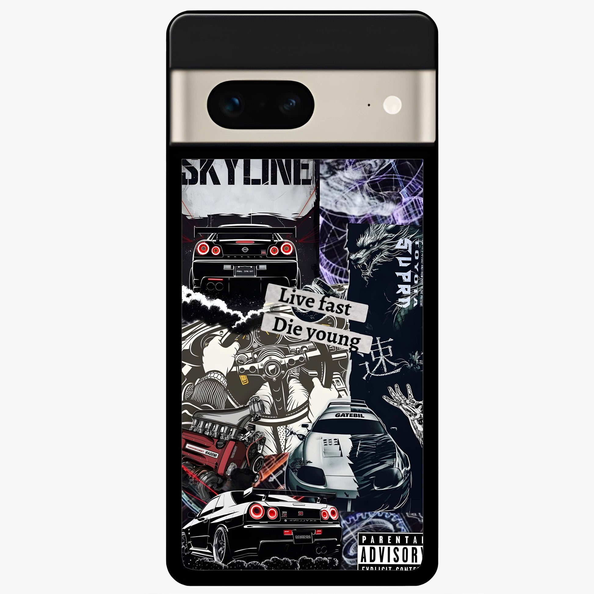 Die Young Glass Case showing flat back view with bold artistic typography design and glossy glass finish.